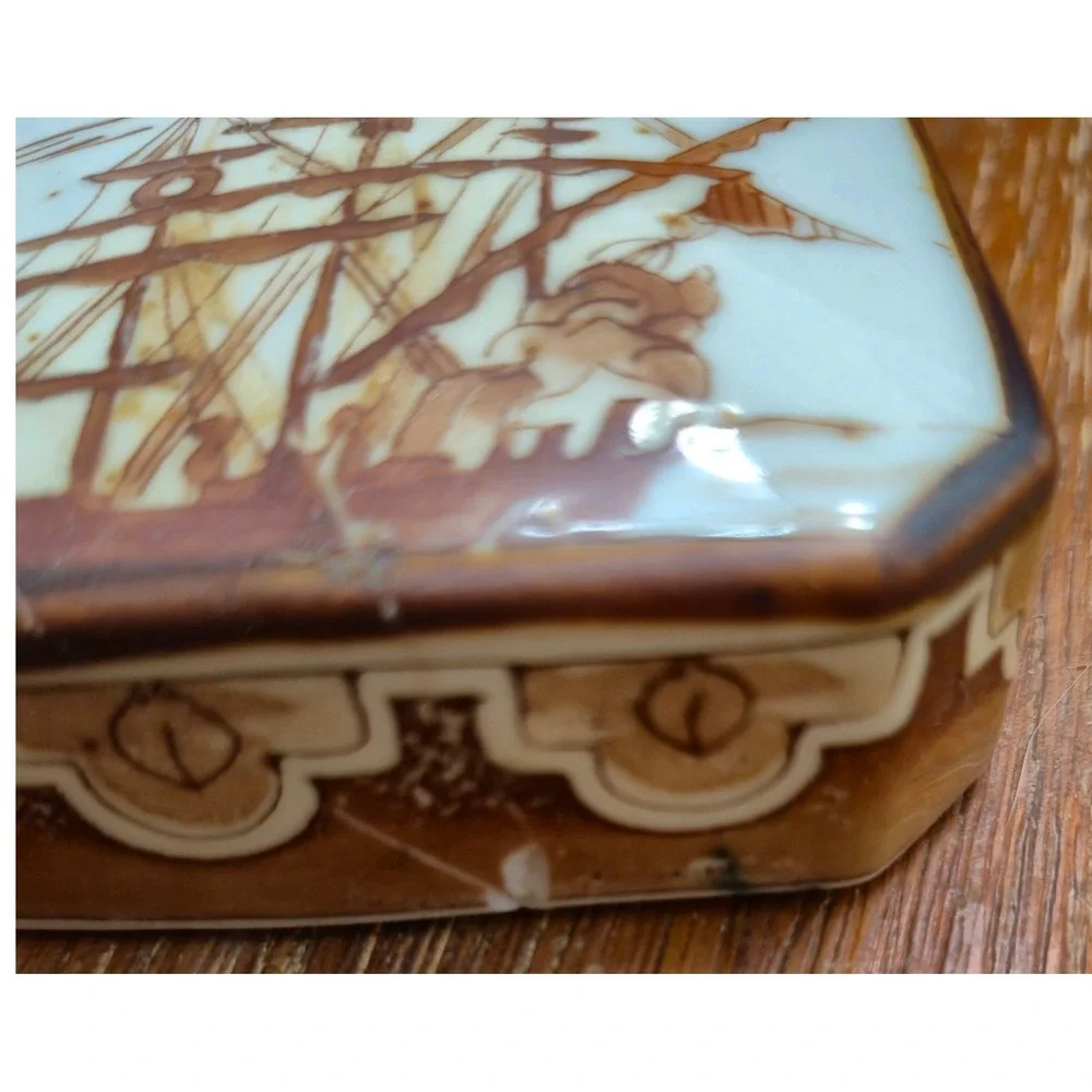 Japan Tea Set Vintage 40s 50s White Brown Nautical Ship Tea Caddies Teapot